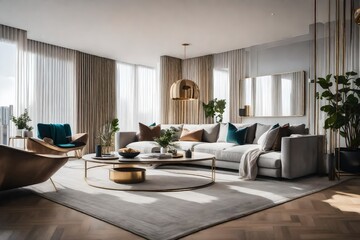 A modern living room with clean lines, neutral tones, and urban-inspired decor, exuding contemporary chic