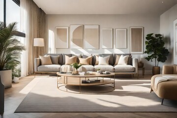 A serene living room adorned with neutral shades of beige and gray, plush furnishings, and soft...