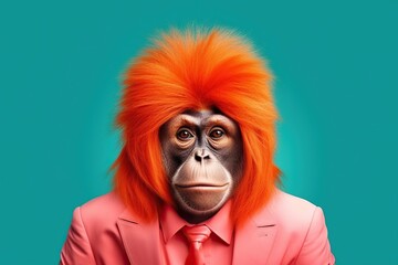 Retro hair style ape is looking serious on bright background,