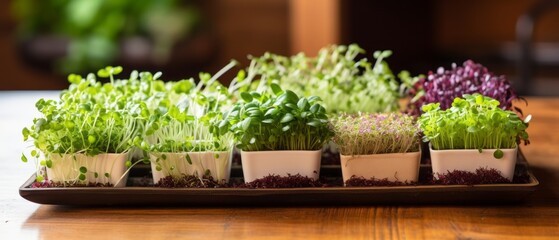 Microgreen shoots arranged on a sleek wooden tabletop