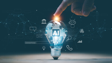 Artificial intelligence or AI of futuristic technology concept, Lightbulb on table with finger point on top, Internet of Things, futuristic innovation, smart communication network. - obrazy, fototapety, plakaty