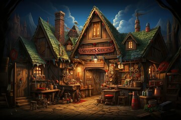 Fototapeta premium Fantasy medieval shop with artisan tools and whimsical decorations