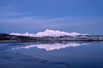Naklejka premium Snowy mountains, sea bay, reflection in water at sunset in winter. Lofoten islands, Norway. Colorful Landscape with rocks in snow, blue sky at dusk. Seashore at dusk. Nature background. Scenery