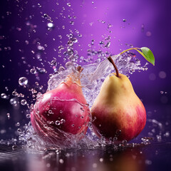 Fruits in Motion Pears Splash into Water Healthy Snack Purple Background Refreshing Delicious Healthy AI Generated 