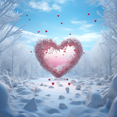 Winter Pathway to the Heart Magical Winter Landscape with Heart Floating Hart Romantic Valentines Day AI Generated Art