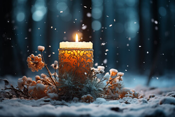 Christmas Candle in Winter with Snow walling in the Forest