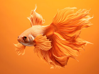 Fototapeta premium An orange fish with a long tail on a yellow background, peach fuzz, color of the year 2024, monochromatic image