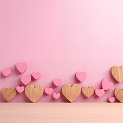 Rustis Wooden Hearts on Pink Background wooden ornaments Valentine&rsquo;s Day AI Generated
