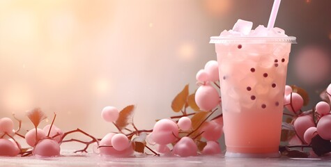 Bubble tea milkshake with fruits, dessert with tapioca balls, cold Chinese summer cocktail. - obrazy, fototapety, plakaty