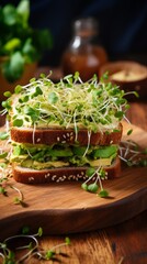 Vegeterian sandwich with microgreen sprouts on wooden cutting board