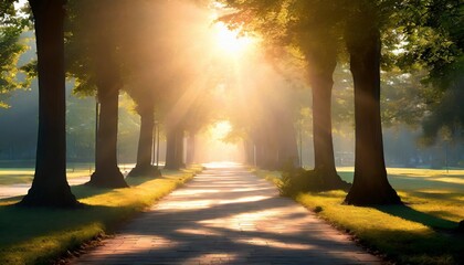 Sunlit path in a park before sunset