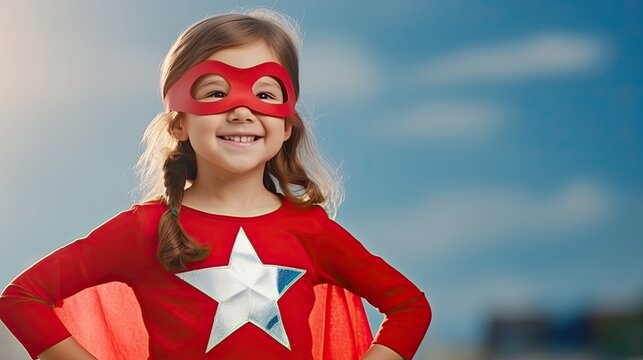 Cute little girl in a masked superhero costume stands against the blue sky. Portrait close-up photo.