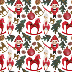 Naklejka premium Nutcracker and nuts. Seamless watercolor pattern for New Year and Christmas wrapping paper. Vintage style gifts for children under the Christmas tree.