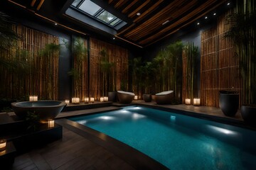 A modern spa retreat with bamboo details, tranquil water features, and calming treatment rooms