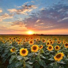 Summer landscape- beauty sunset over sunflowers field