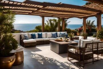 Fototapeta premium A tranquil outdoor terrace with Mediterranean-style pergolas, comfortable seating, and coastal views