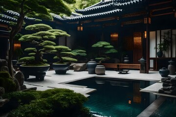 A serene Asian-inspired courtyard with a reflecting pool, bonsai trees, and stone pathways