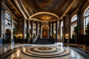 Obraz premium A grand entrance hall with mosaic tile flooring, a sweeping staircase, and frescoed ceilings