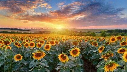 Obraz premium Summer landscape- beauty sunset over sunflowers field