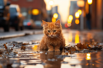 Kitten Abandoned in the Rain on the City Streets, a Small Warrior Facing the Storm of Urban Neglect, a Heartrending Tale of Resilience and Survival Amidst Concrete Desolation - obrazy, fototapety, plakaty