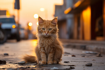 Urban Cat in the City Streets, a Streetwise Wanderer Adapting to Asphalt Wilderness, Reflecting the Resilience and Independence of Urban Feline Majesty - obrazy, fototapety, plakaty