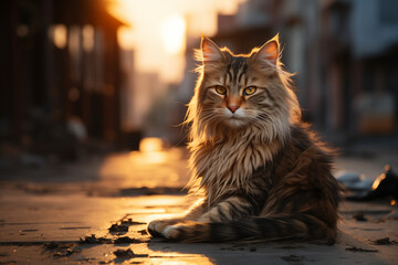 Wild Cat in the City Streets, Navigating Urban Alleys with Grace, an Untamed Feline Amidst Concrete Canyons, a Symbol of Survival and Independence1
