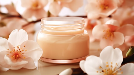 Fototapeta na wymiar A jar of cream sitting on top of a table, peach fuzz, color of the year 2024, monochromatic image