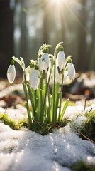 A group of snowdrops are in the snow