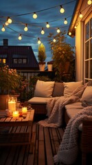 View over cozy outdoor terrace with outdoor string lights. Evening on the roof terrace of a beautiful house with lanterns
