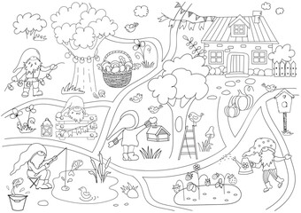 Obraz premium Coloring Page For Children With A Gnome City Where One Gnome Fishes, Another Waters Strawberries Making It A Perfect Vector Illustration For Children'S Creativity In A Coloring Book