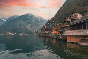 Great promotional photos of Austrian dream town Hallstatt landscapes with fantastic sunset colors and clouds in winter season