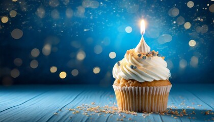 Birthday Cupcake With One Candle text space and blue background