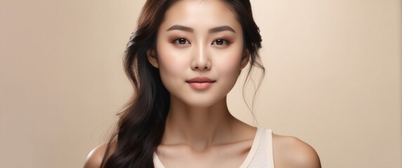 Young Asian woman with clean healthy glowing skin in white top isolated on beige background. Facial skin care concept, spa, cosmetology