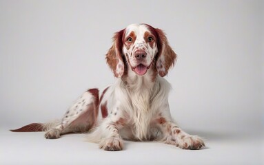 Perro de raza setter inglés, echado, sobre fondo blanco