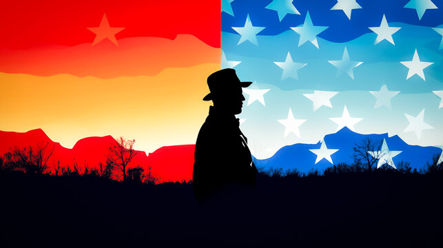 American History Thought Provoking Background Image: US Flag, Wild West, Cowboy, Mountains, Stars and Stripes