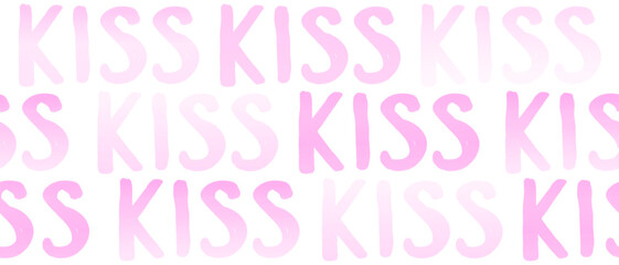 Simple Irregular Seamless Vector Pattern with Pastel Pink Handrwitten "KISS" on a White Background. Repeatable Hand Drawn Print with Infantile Style Word Kiss. Valentine's Day Holidays Design. RGB.