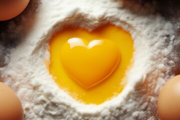 Raw egg and flour in heart shape with selective focus and copy space - obrazy, fototapety, plakaty