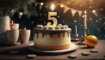 5 years Birthday cake With Candle and black background - obrazy, fototapety, plakaty