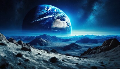 Blue earth view from moon surface - Powered by Adobe