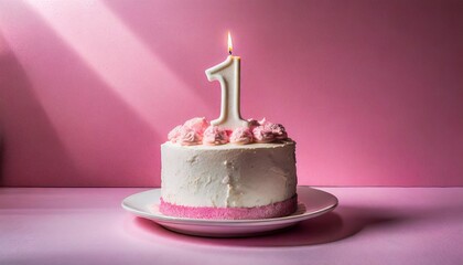 1 year Birthday cake With One Candle  - obrazy, fototapety, plakaty