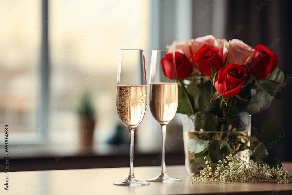 Wall mural Champagne in the romantic atmosphere of lovers. Background with selective focus and copy space