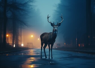 Deer on the road or highway. Background with selective focus and copy space
