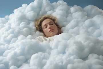 Cute young beautiful woman sleeping on a cloud. Portrait with selective focus and copy space for text