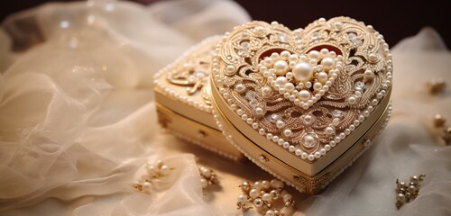 An ornate gift box with an exquisitely crafted heart emblem, complemented by shimmering sequins and subtle pearls.