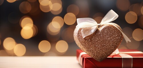 A close-up of a glistening heart-shaped ornament atop a wrapped gift box, reflecting soft ambient light.