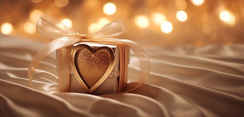 A detailed close-up of a heart-shaped embellishment atop an elegantly wrapped gift box, illuminated by soft candlelight.