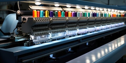 Digital textile industry, automatic embroidery machine in a factory. Generative AI