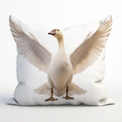 A pillow filled with goose feathers and a goose with spread wings.