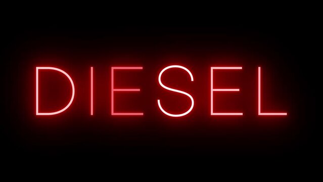 Flickering red retro style neon sign glowing against a black background for DIESEL