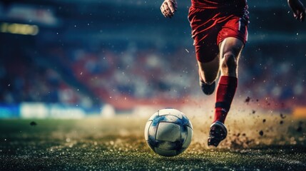 football player leg hitting ball on stadium - obrazy, fototapety, plakaty